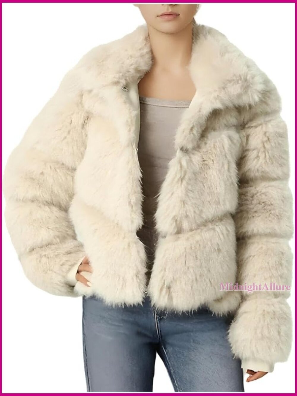 Cropped Faux Fur Coat with Pockets, Open Front Jacket, Long Sleeve